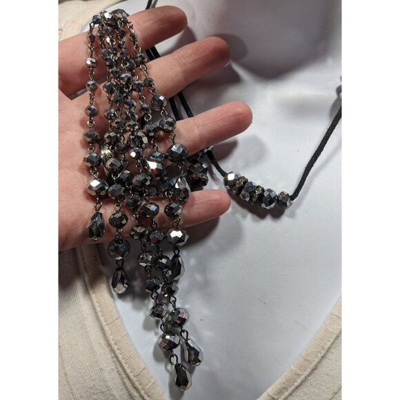 Glam Goth Mirror Finish Glass Beaded Tassel Necklace - Picture 3 of 6